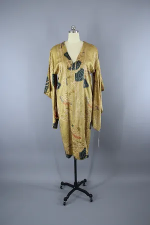 1920s Vintage Silk Michiyuki Kimono Coat Jacket / Green Gold Fan Pattern