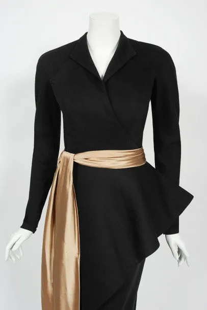 1949 Lanvin Haute Couture Sculpted Black Wool Documented Dress