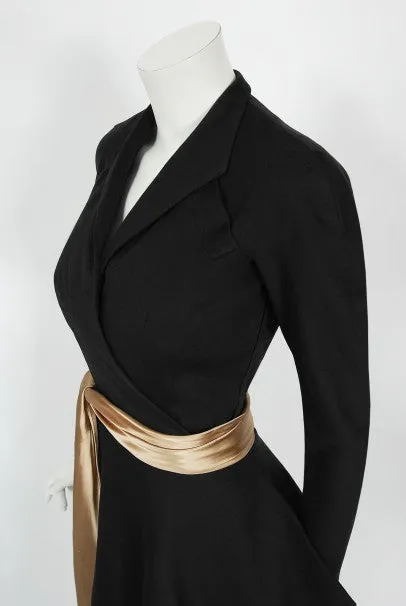 1949 Lanvin Haute Couture Sculpted Black Wool Documented Dress