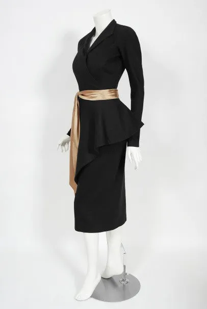 1949 Lanvin Haute Couture Sculpted Black Wool Documented Dress