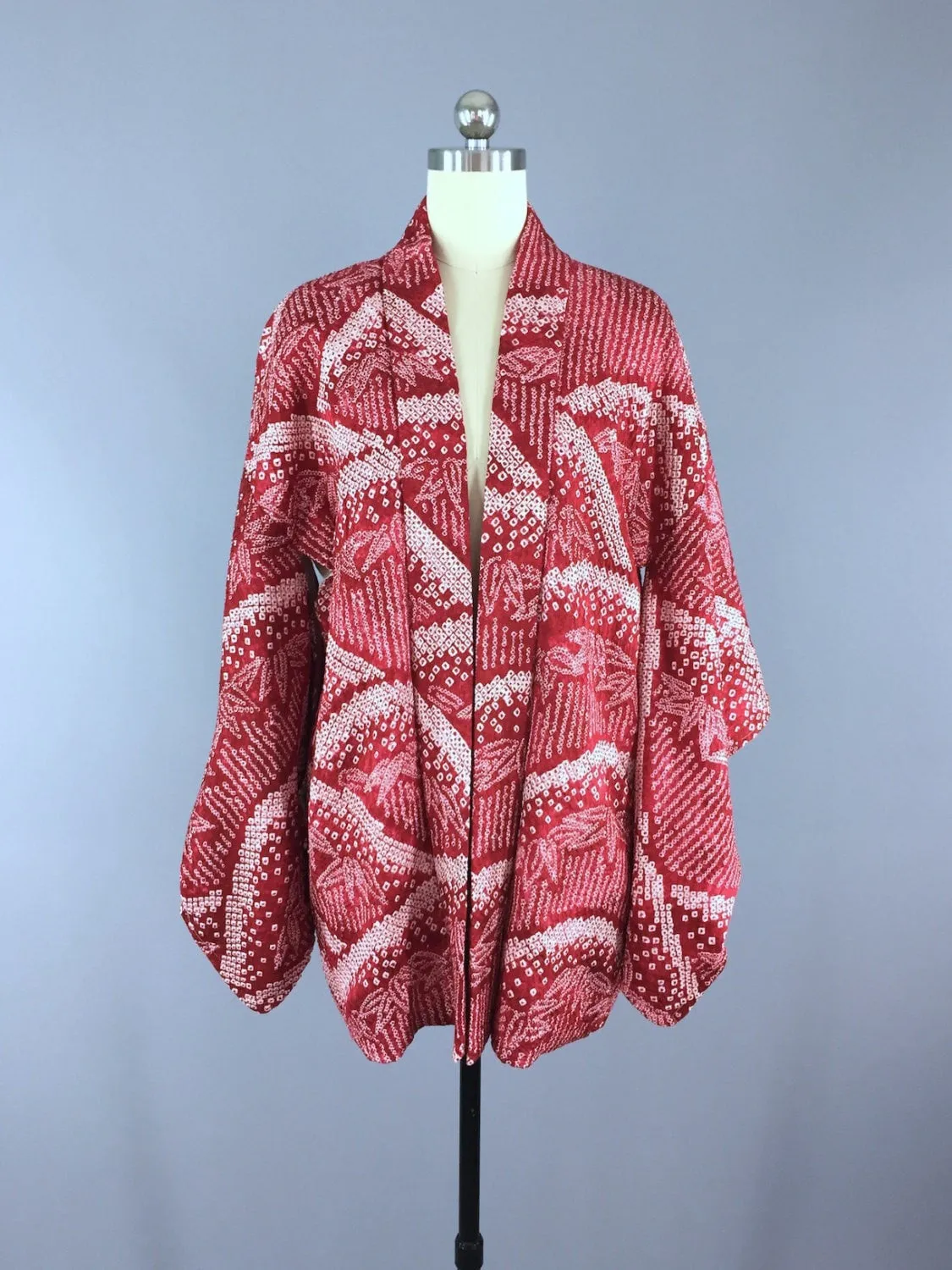 1950s Vintage Silk Haori Kimono Cardigan Jacket / Red Shibori