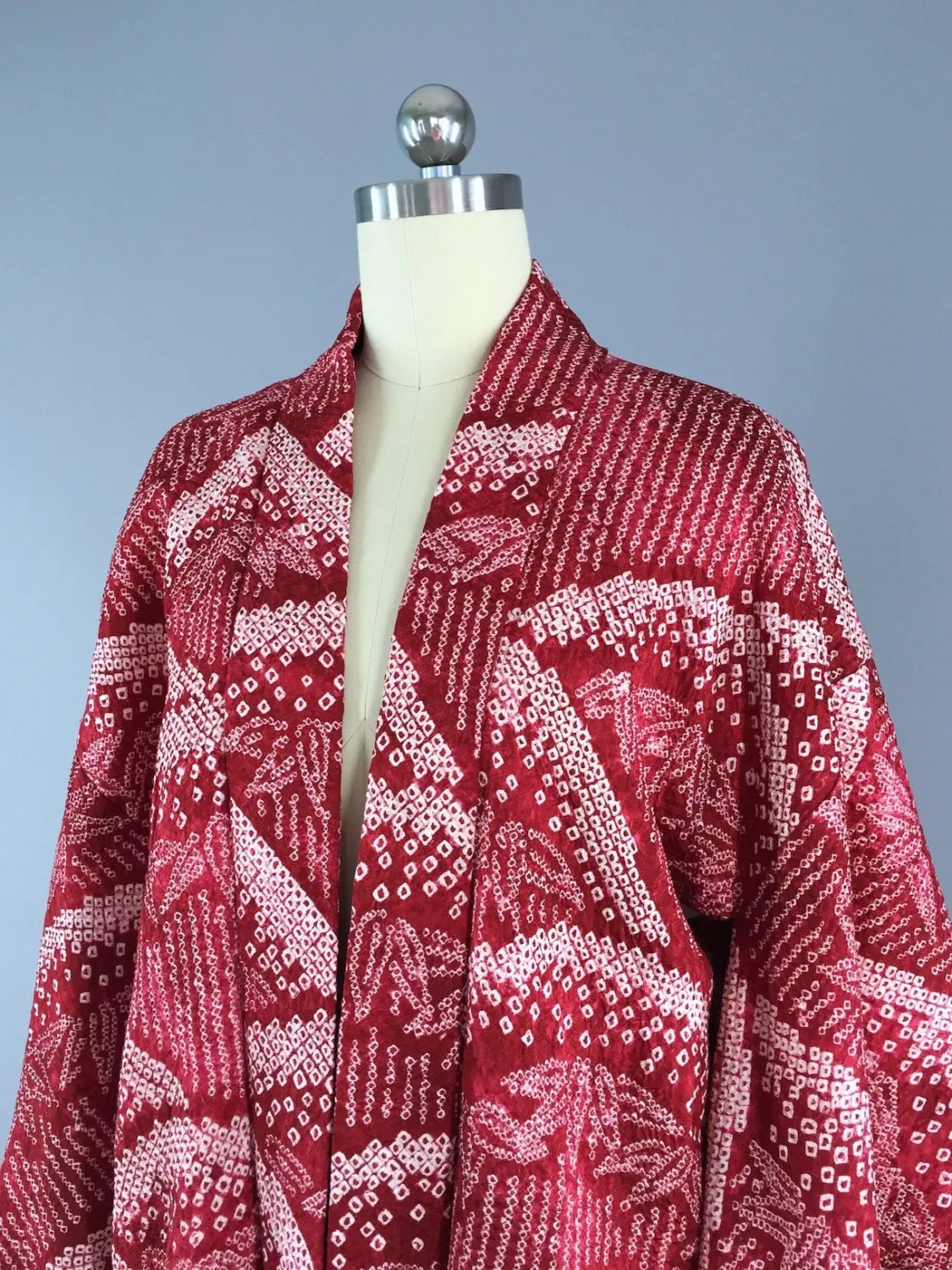 1950s Vintage Silk Haori Kimono Cardigan Jacket / Red Shibori