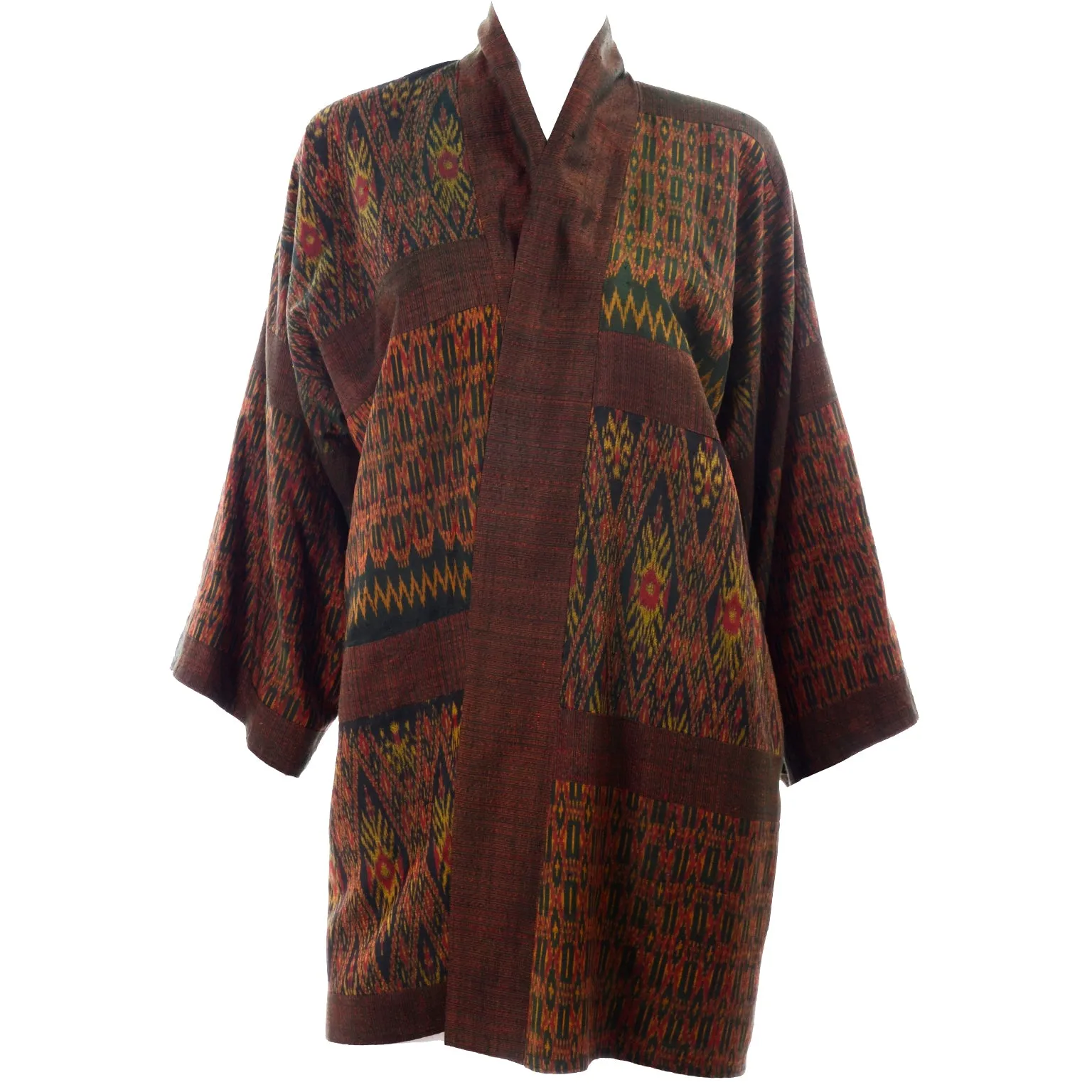 1960s Vintage Olive Green Rust Print Japanese Kimono Jacket