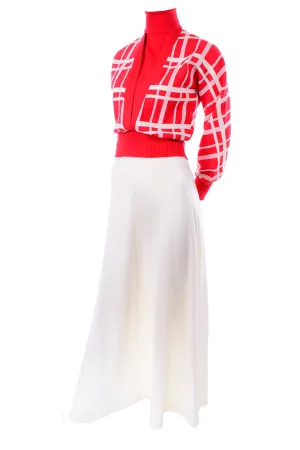 1970s Deadstock Crissa Red & White Knit Maxi Skirt & Sweater Top