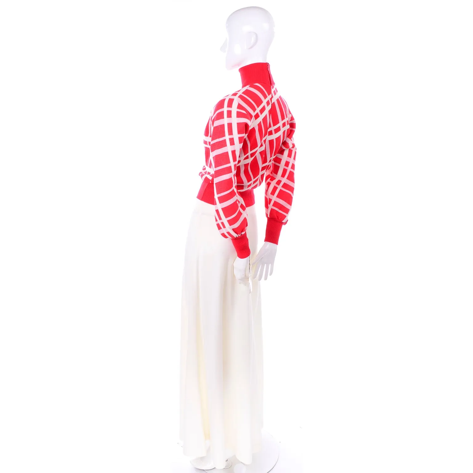 1970s Deadstock Crissa Red & White Knit Maxi Skirt & Sweater Top