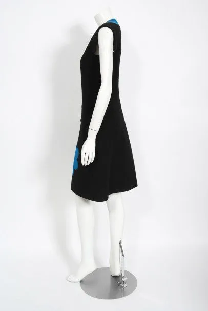 1972 Pierre Cardin Documented Black & Blue Block-Color Wool Mod Dress