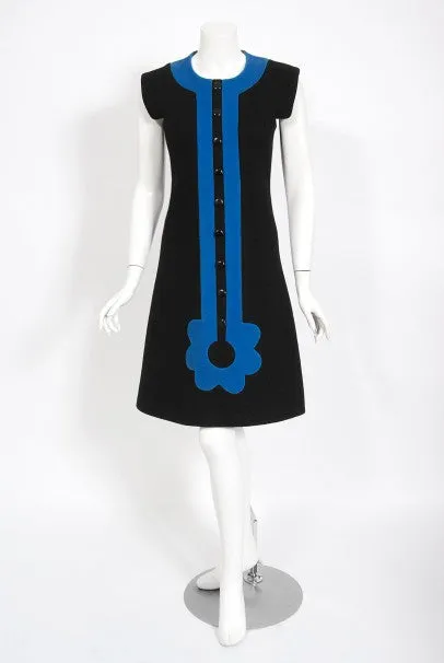 1972 Pierre Cardin Documented Black & Blue Block-Color Wool Mod Dress