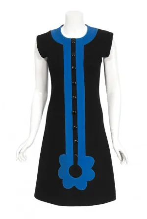 1972 Pierre Cardin Documented Black & Blue Block-Color Wool Mod Dress