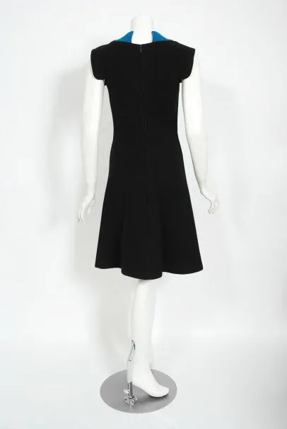 1972 Pierre Cardin Documented Black & Blue Block-Color Wool Mod Dress