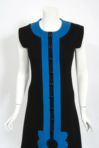 1972 Pierre Cardin Documented Black & Blue Block-Color Wool Mod Dress