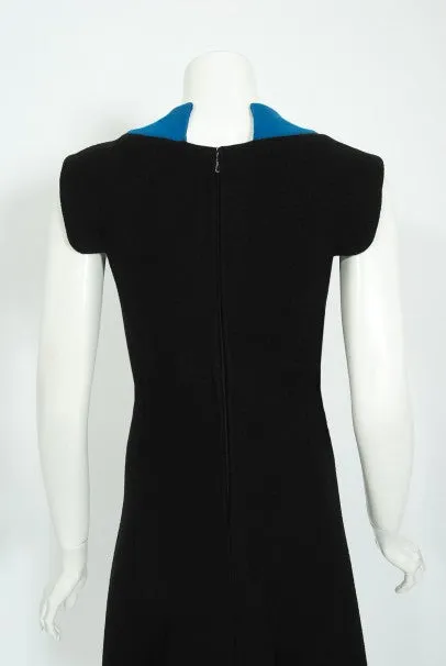 1972 Pierre Cardin Documented Black & Blue Block-Color Wool Mod Dress