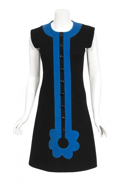 1972 Pierre Cardin Documented Black & Blue Block-Color Wool Mod Dress