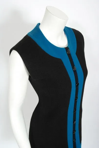 1972 Pierre Cardin Documented Black & Blue Block-Color Wool Mod Dress