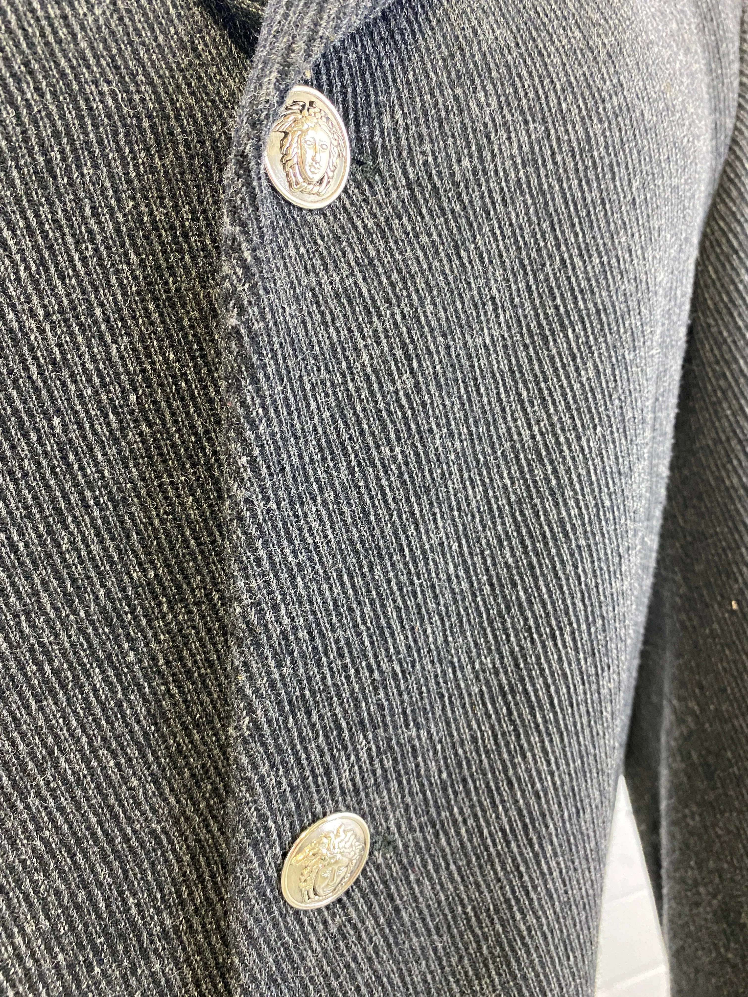 1990s Vintage Grey Wool Twill Men's Blazer, Versace Jeans Couture Jacket, Medusa Buttons, C42