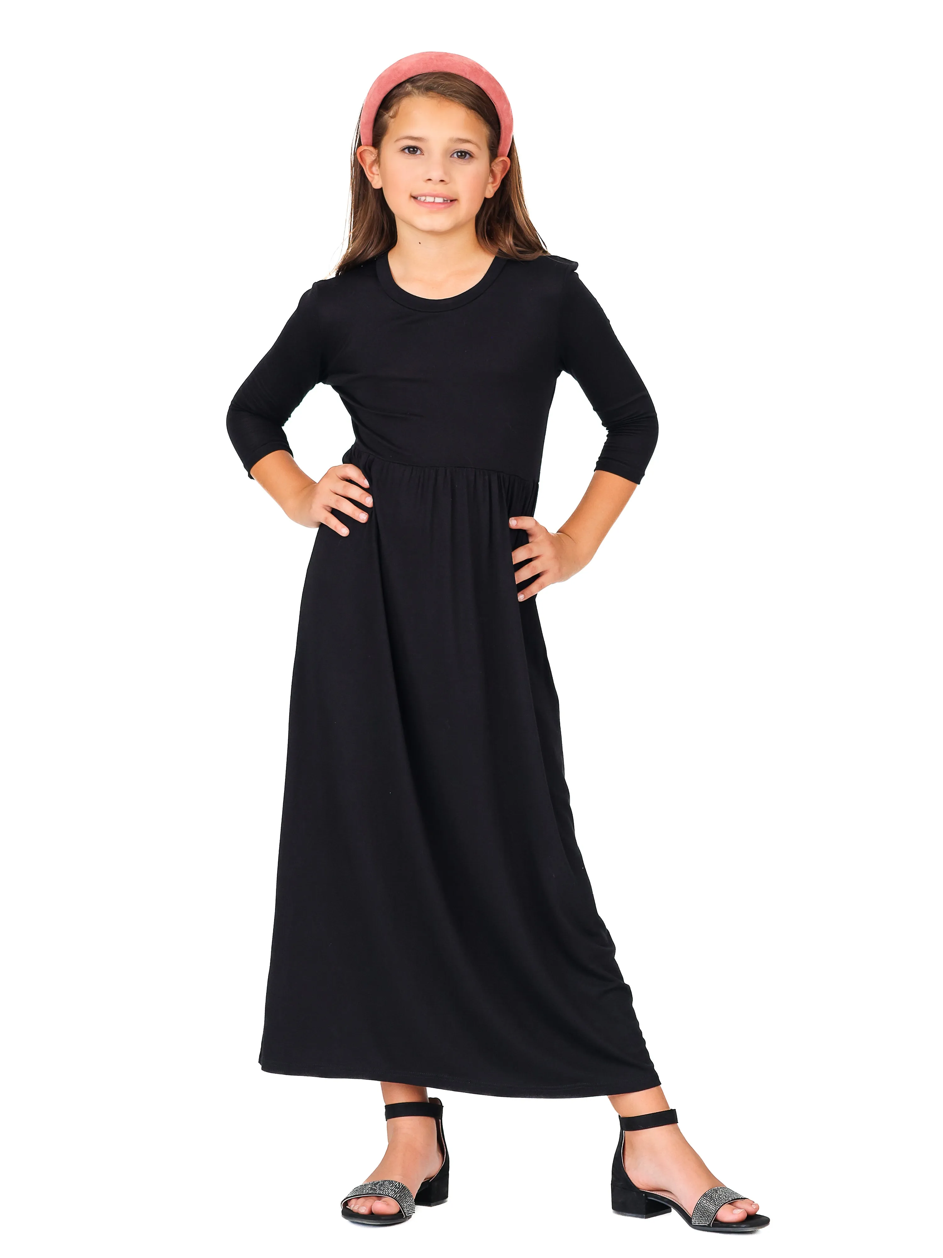 24seven Comfort Apparel Girls Three Quarter Sleeve Pleated Maxi Dress Machine Washable