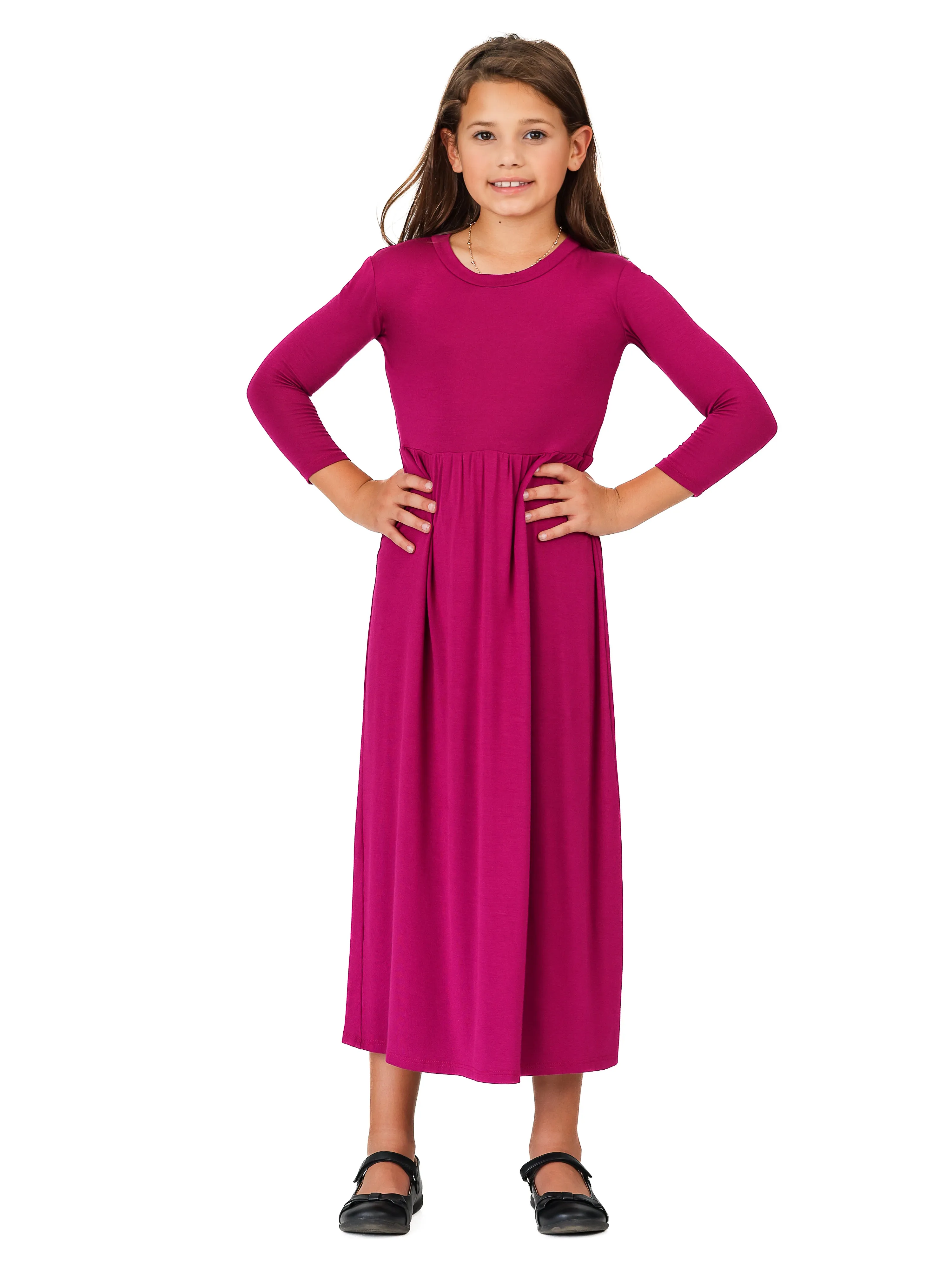 24seven Comfort Apparel Girls Three Quarter Sleeve Pleated Maxi Dress Machine Washable