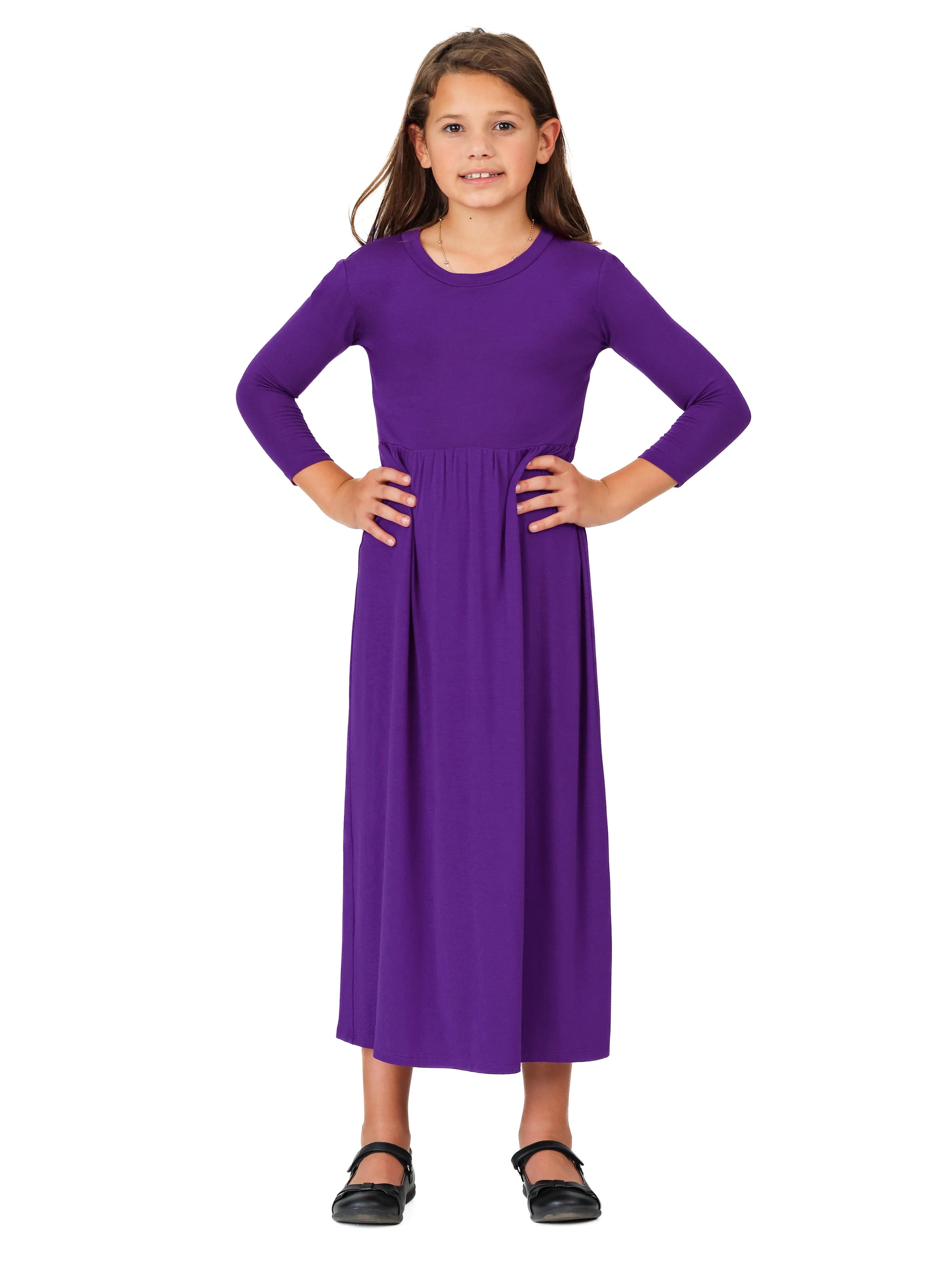 24seven Comfort Apparel Girls Three Quarter Sleeve Pleated Maxi Dress Machine Washable