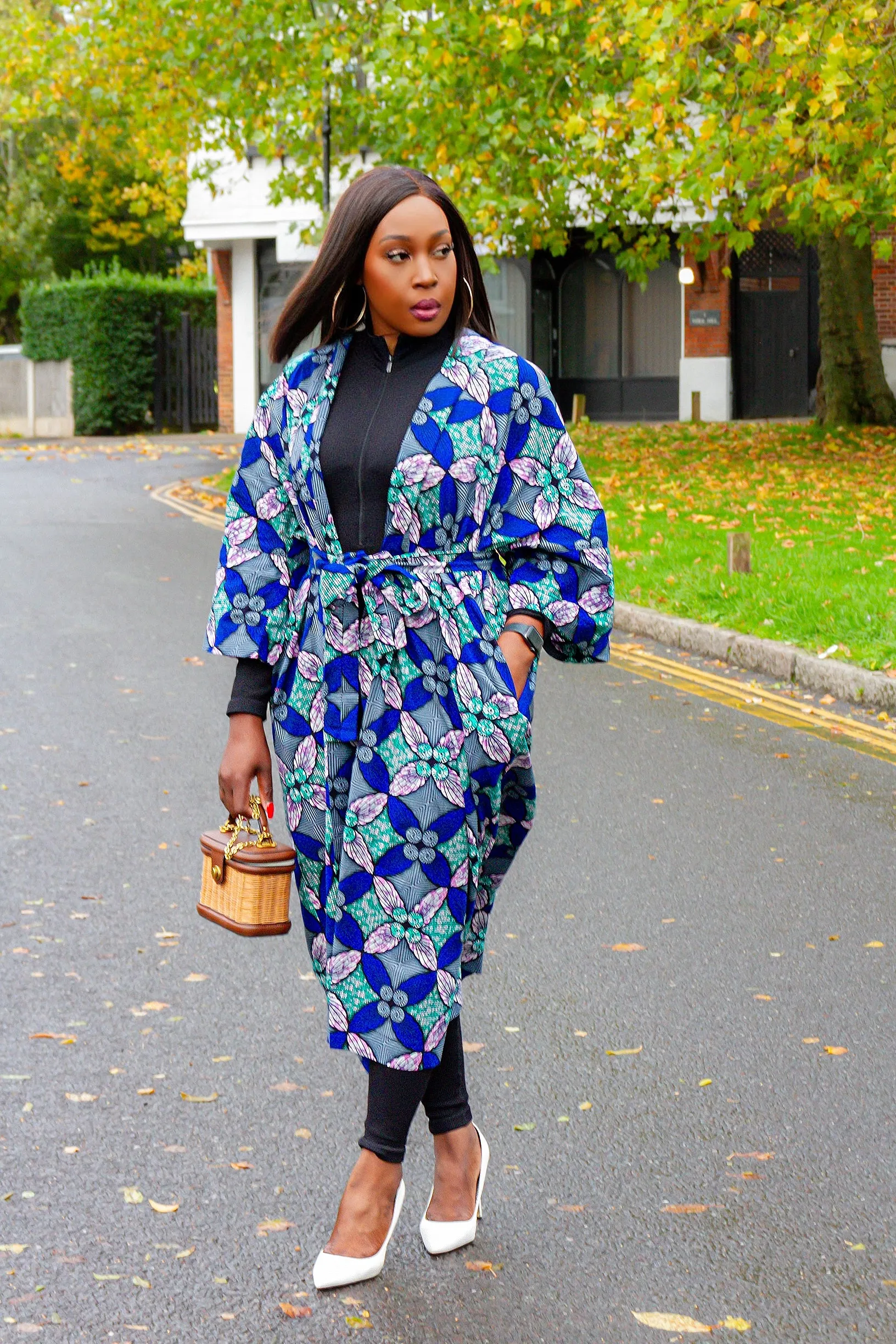 2pc African Print Midi Length Kimono Jacket and Headwrap Set- Issa Rae