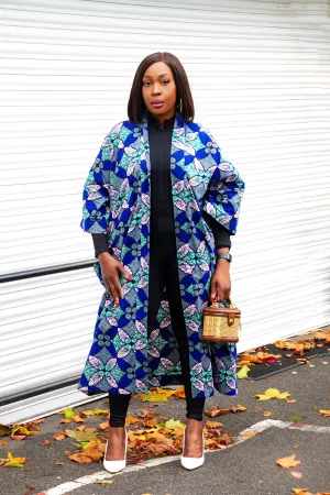 2pc African Print Midi Length Kimono Jacket and Headwrap Set- Issa Rae