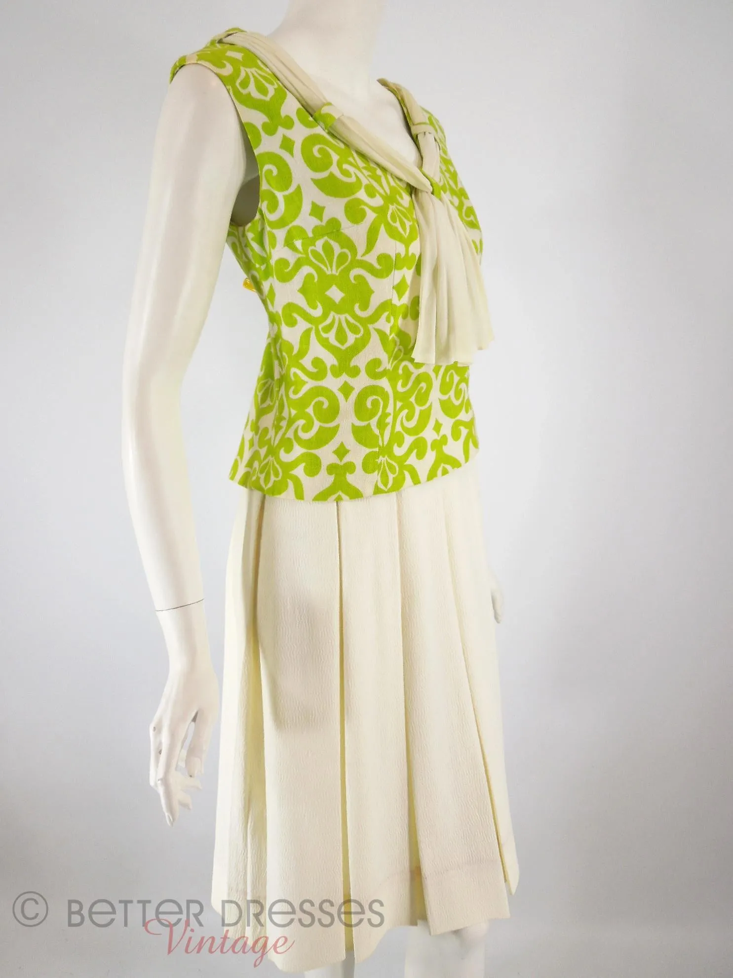 60s Drop Waist Dress in Apple Green   Cream - sm, med