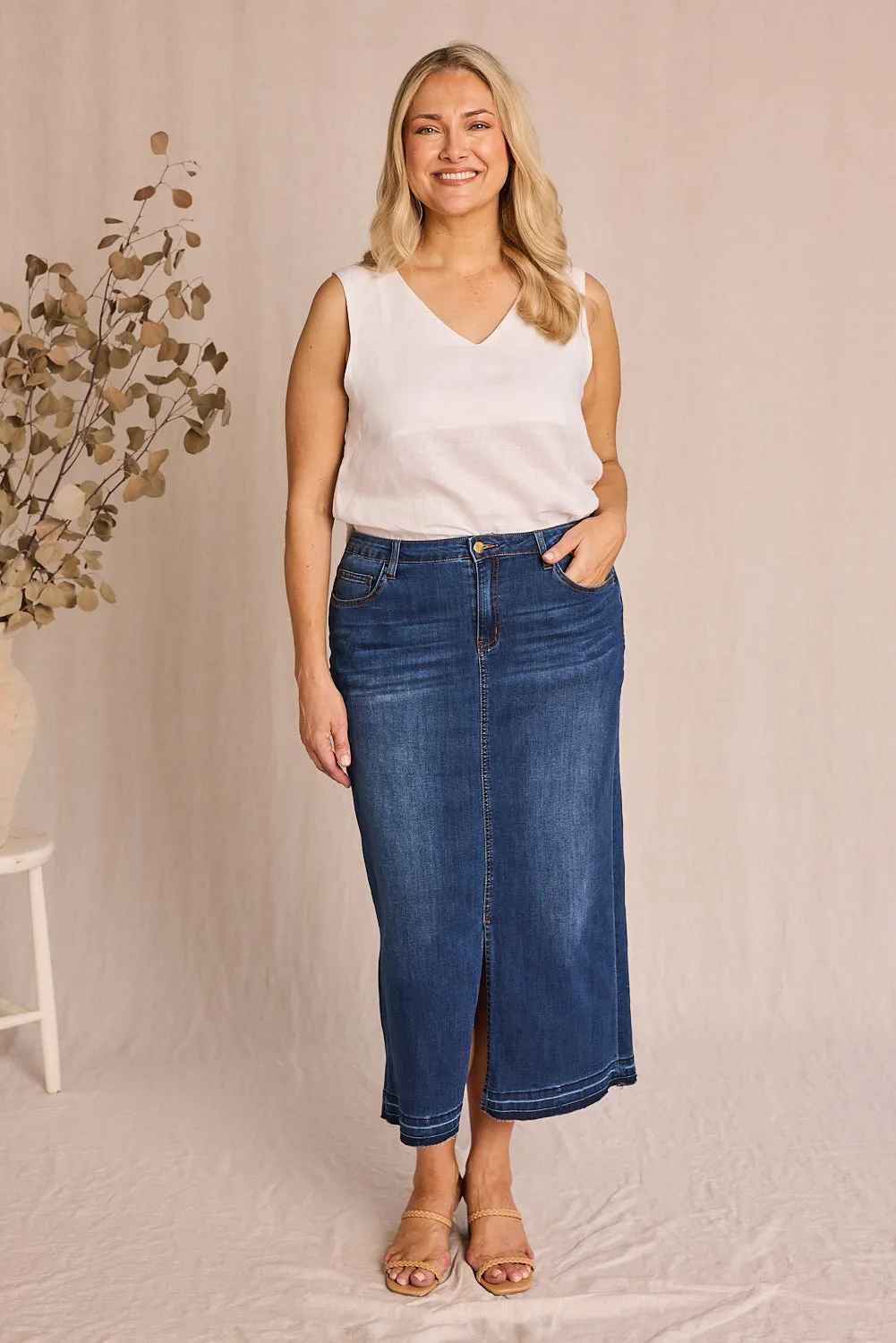 Adrift Denim Long Split Skirt in Mid Wash