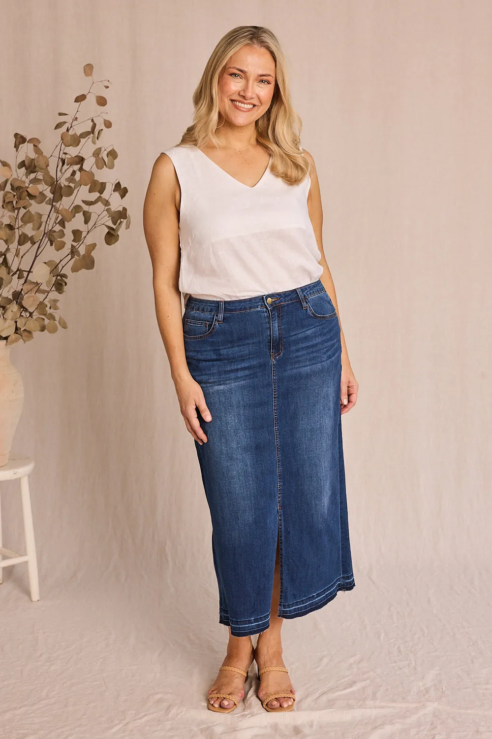 Adrift Denim Long Split Skirt in Mid Wash