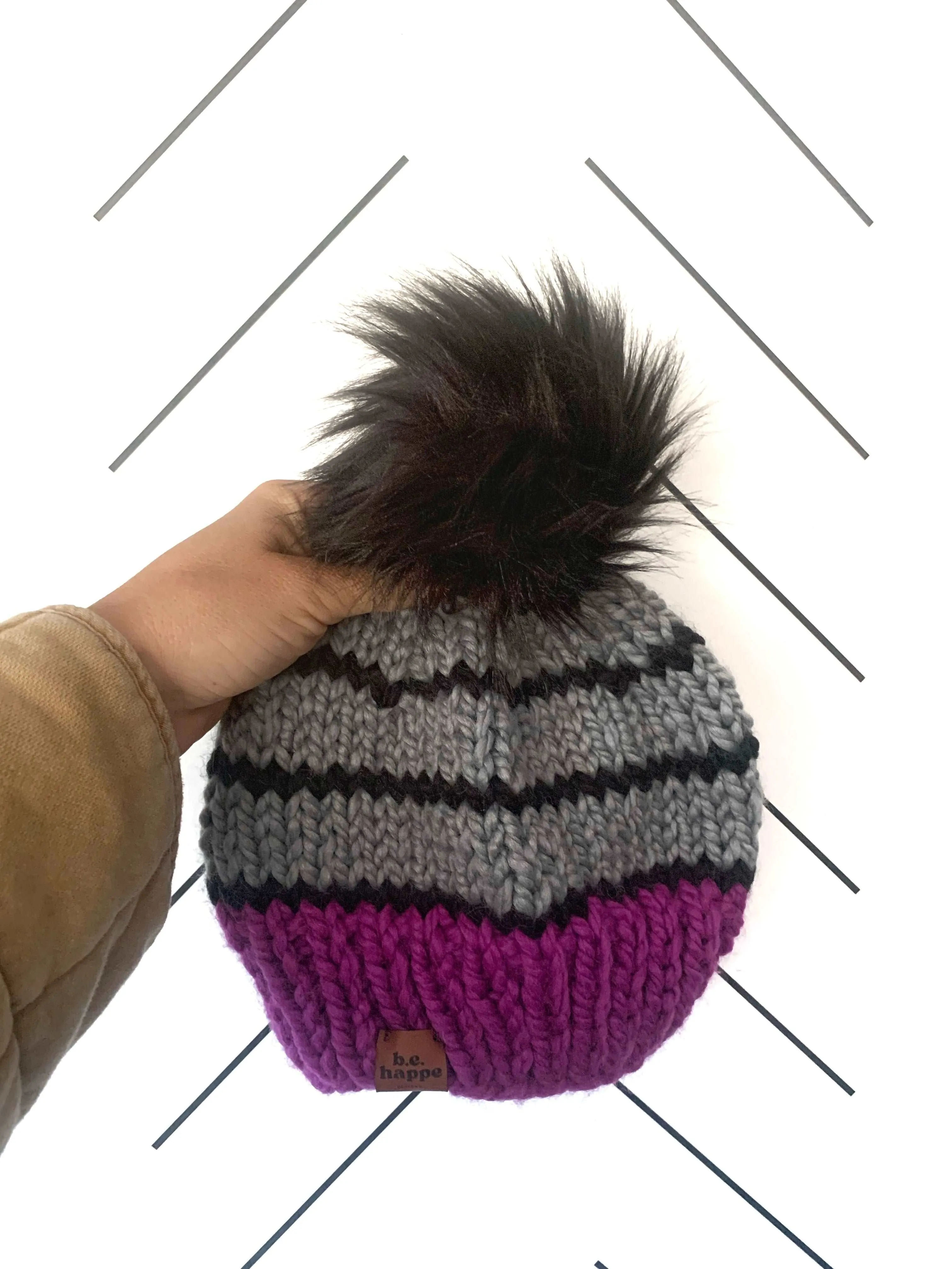 Adult Striped Knit Pom Hat | Lollipop   Slate Gray