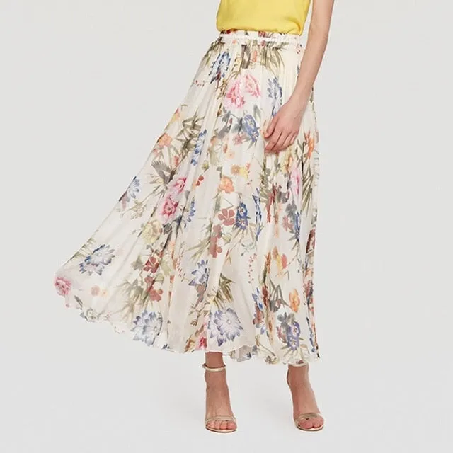 Beige Purple Floral Pleated Maxi Skirt