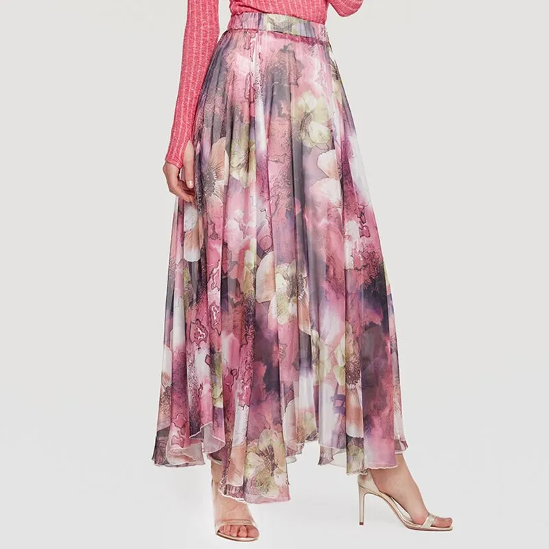 Beige Purple Floral Pleated Maxi Skirt