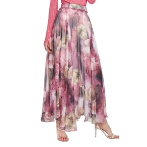 Beige Purple Floral Pleated Maxi Skirt