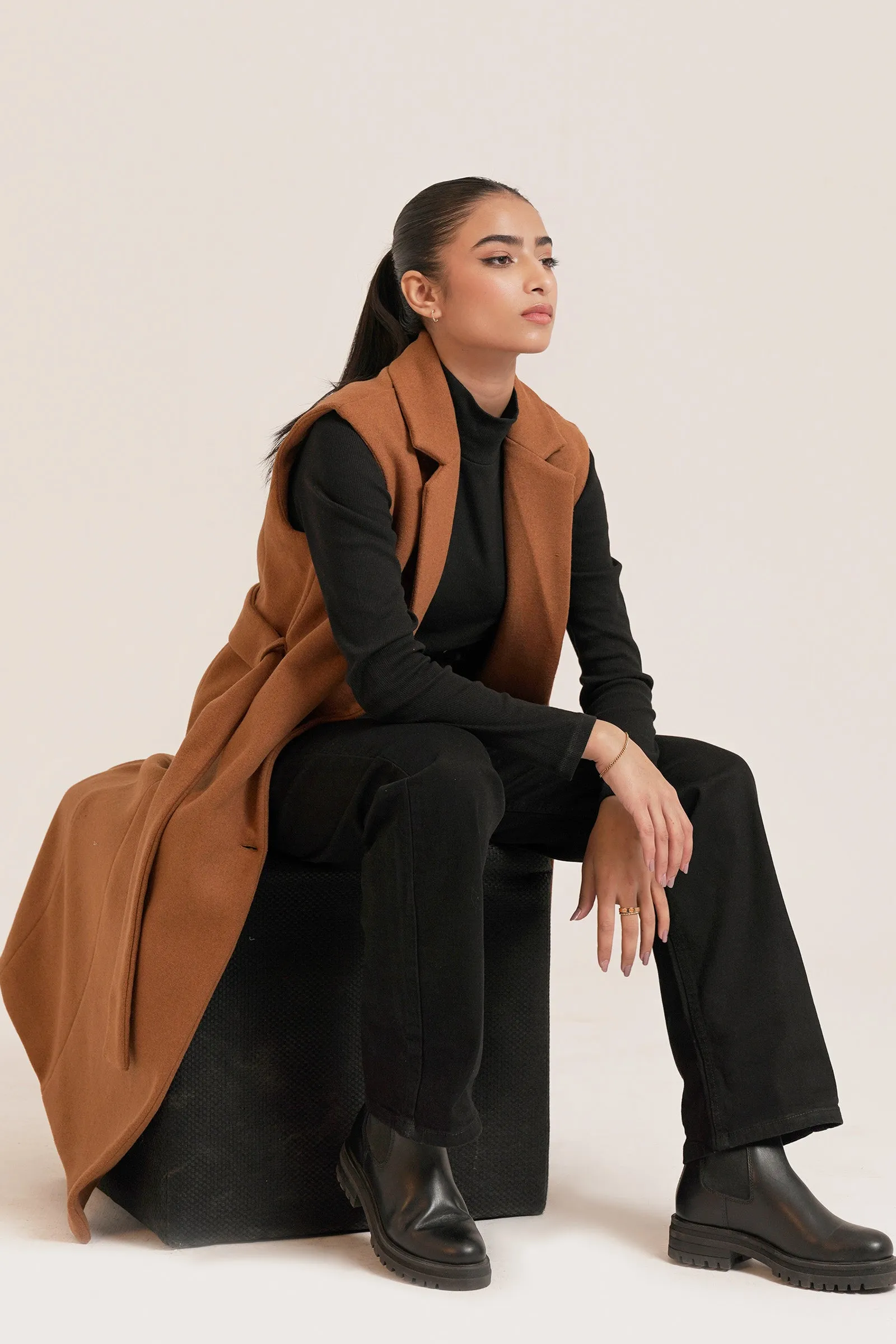 Belted Wool Blend Sleeveless Coat