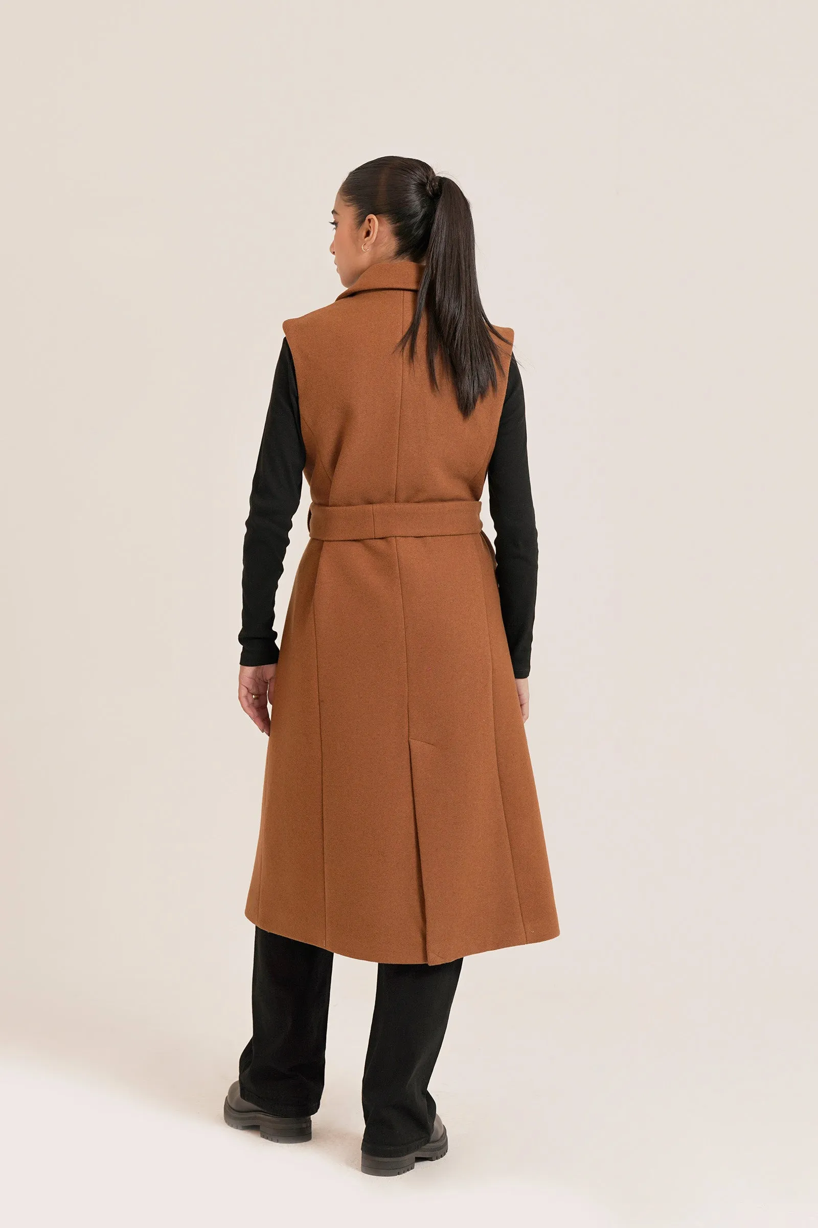 Belted Wool Blend Sleeveless Coat