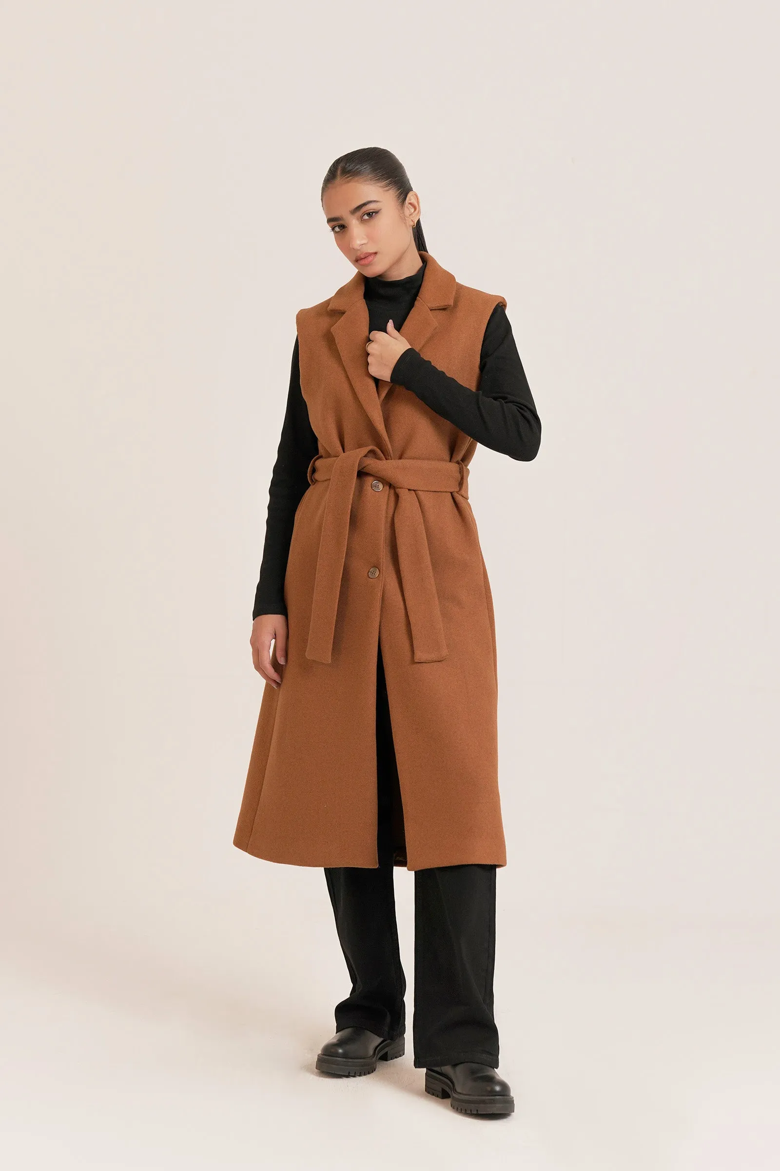 Belted Wool Blend Sleeveless Coat