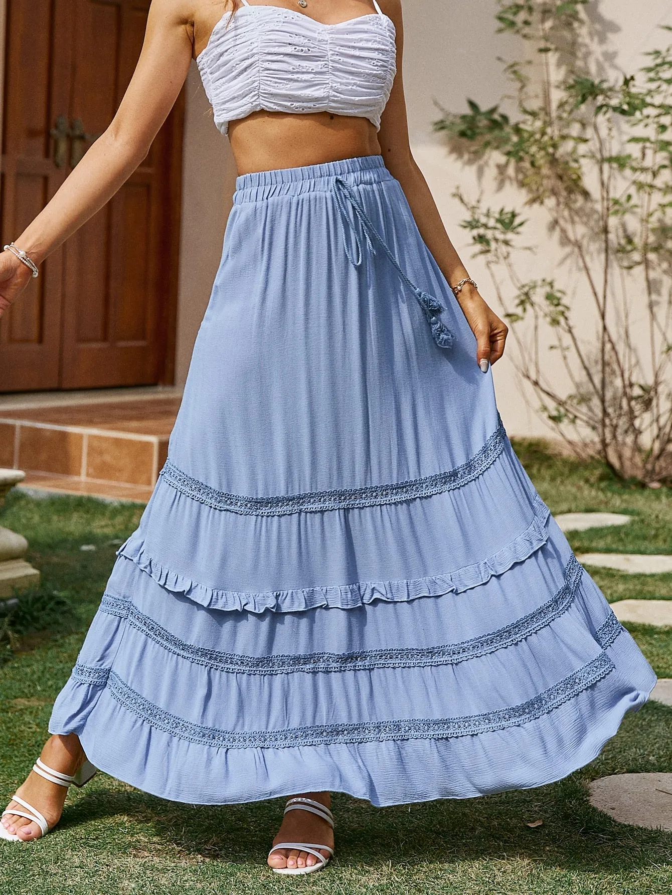 Bethany Blue Boho Ruffle A-Line Maxi Skirt