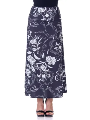 Black and White Floral Elastic Waist Ankle Length Comfortable Maxi Skirt