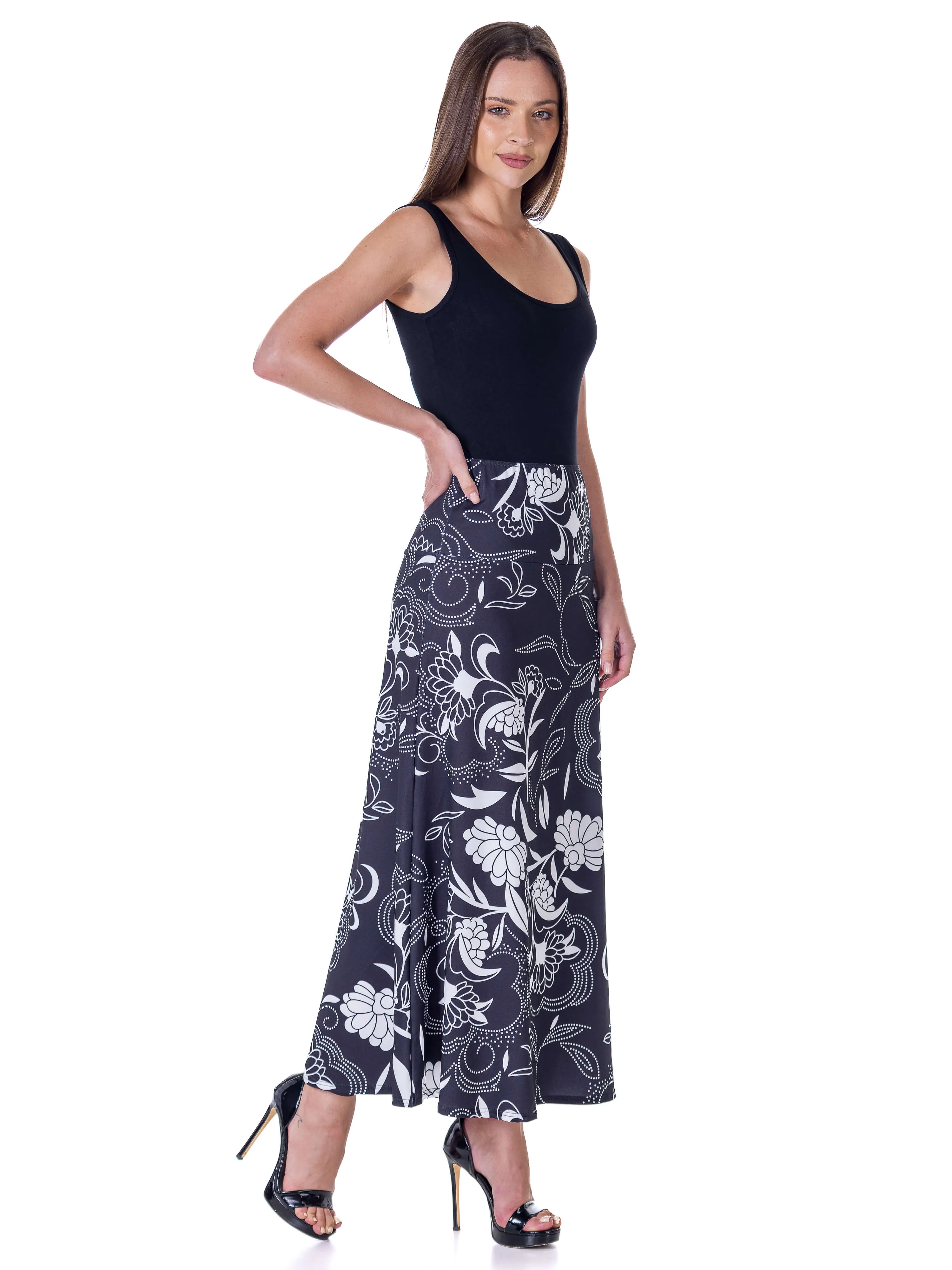 Black and White Floral Elastic Waist Ankle Length Comfortable Maxi Skirt