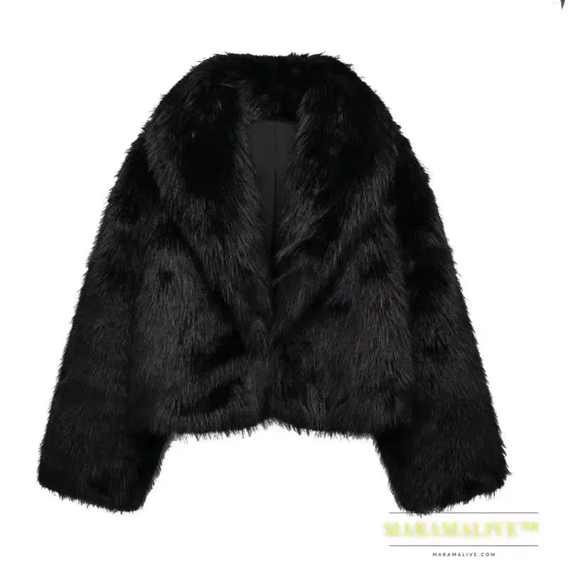 Black Faux Fur Coat for Women Autumn Winter Plush Wool Coats Black Wool & Blends Coats Outerwears Long Sleeve Warm Fur Coat