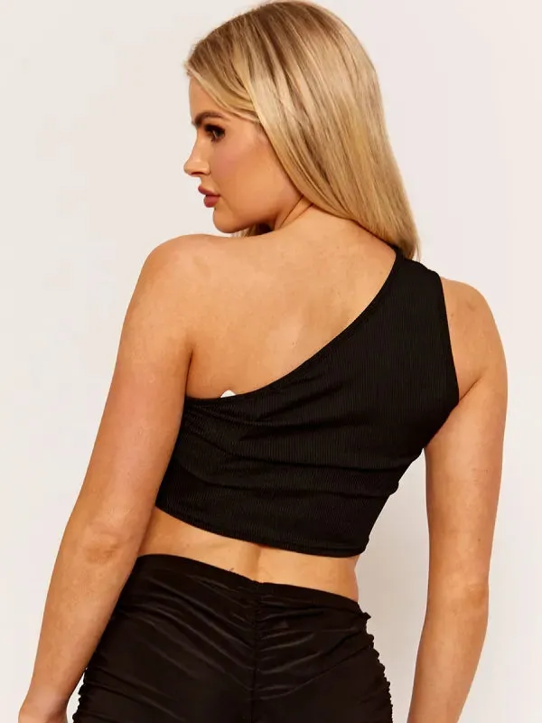 Black One Shoulder Cut Out Front Ribbed Crop Top