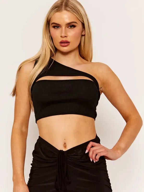 Black One Shoulder Cut Out Front Ribbed Crop Top