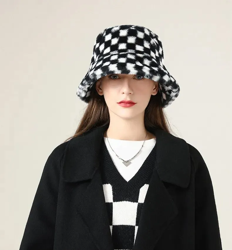 Black Plaid Faux Wool Plush Bucket Hat