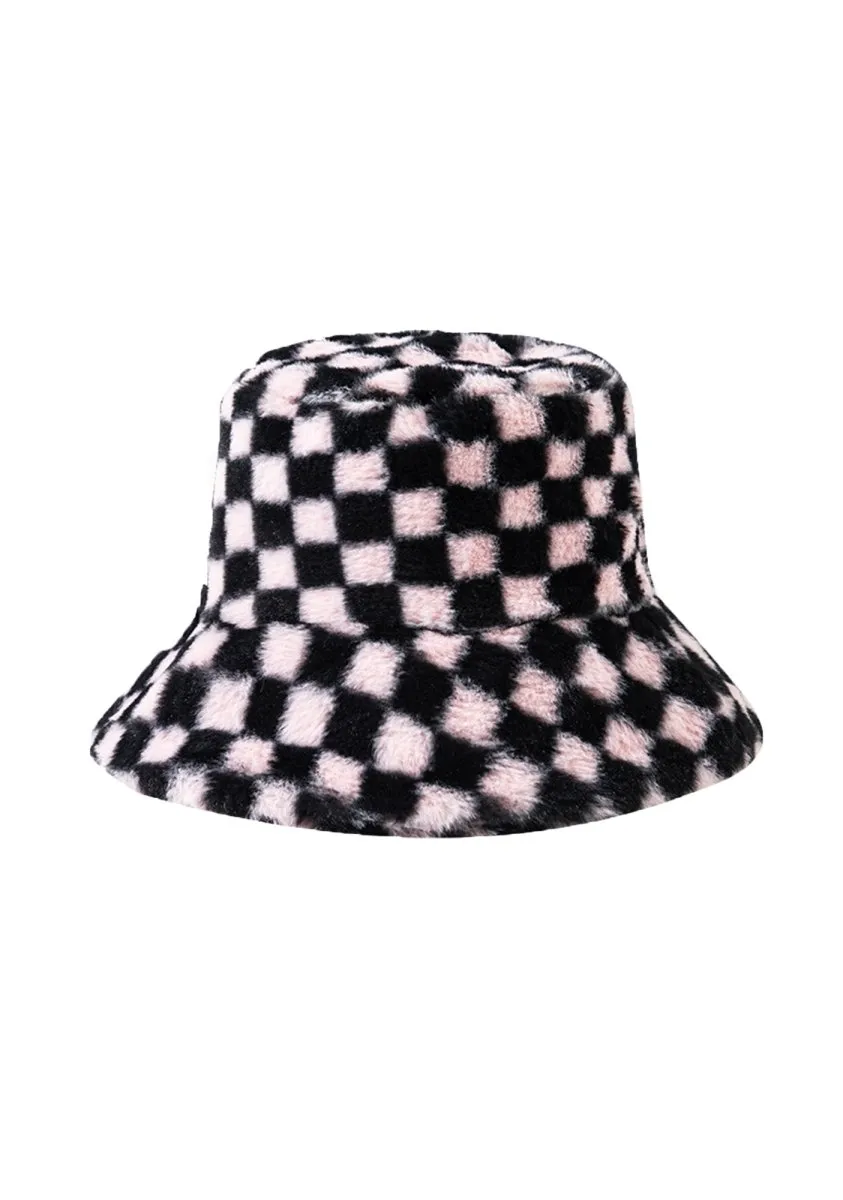 Black Plaid Faux Wool Plush Bucket Hat