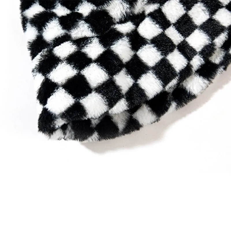 Black Plaid Faux Wool Plush Bucket Hat