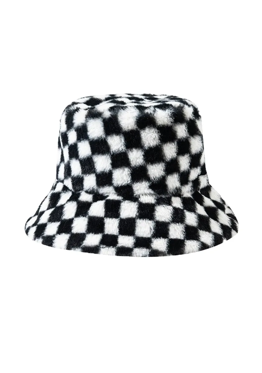 Black Plaid Faux Wool Plush Bucket Hat