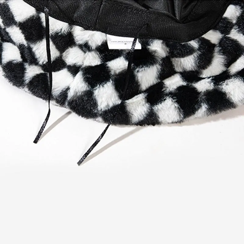 Black Plaid Faux Wool Plush Bucket Hat