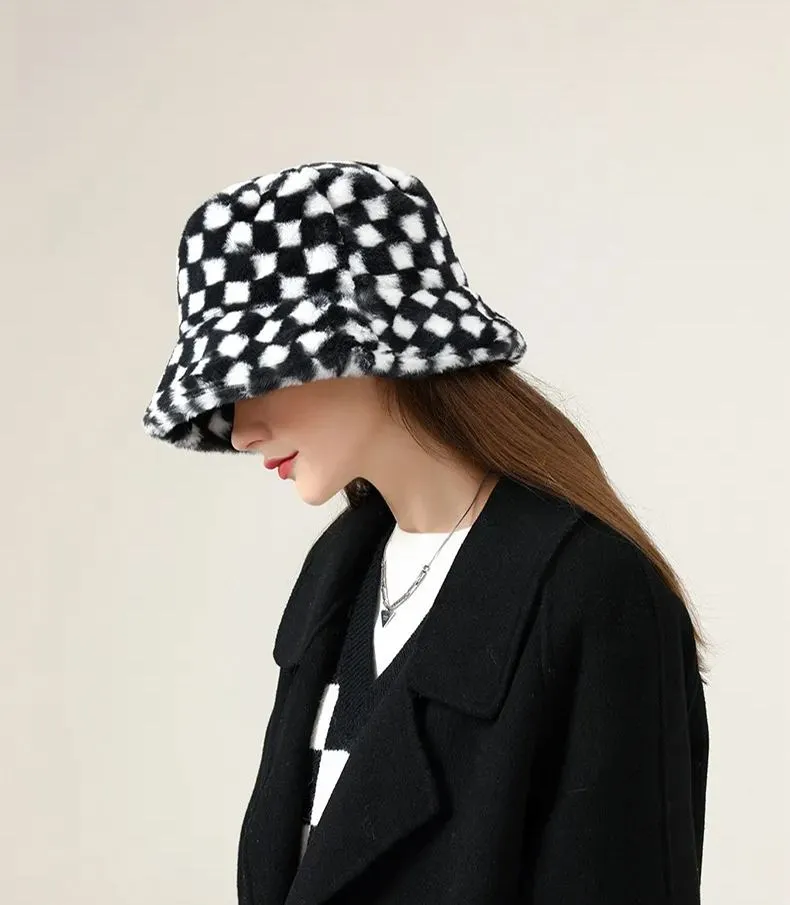 Black Plaid Faux Wool Plush Bucket Hat