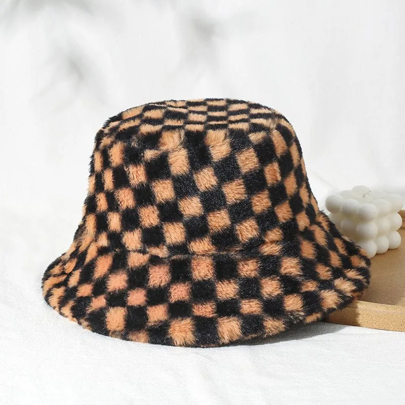 Black Plaid Faux Wool Plush Bucket Hat