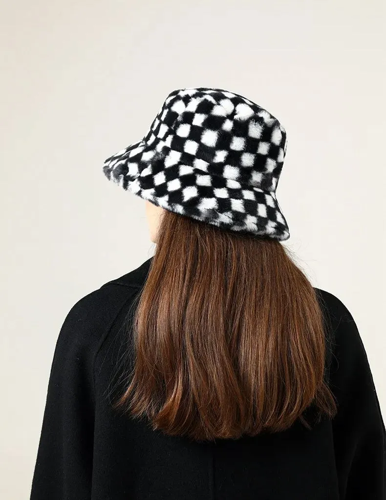 Black Plaid Faux Wool Plush Bucket Hat