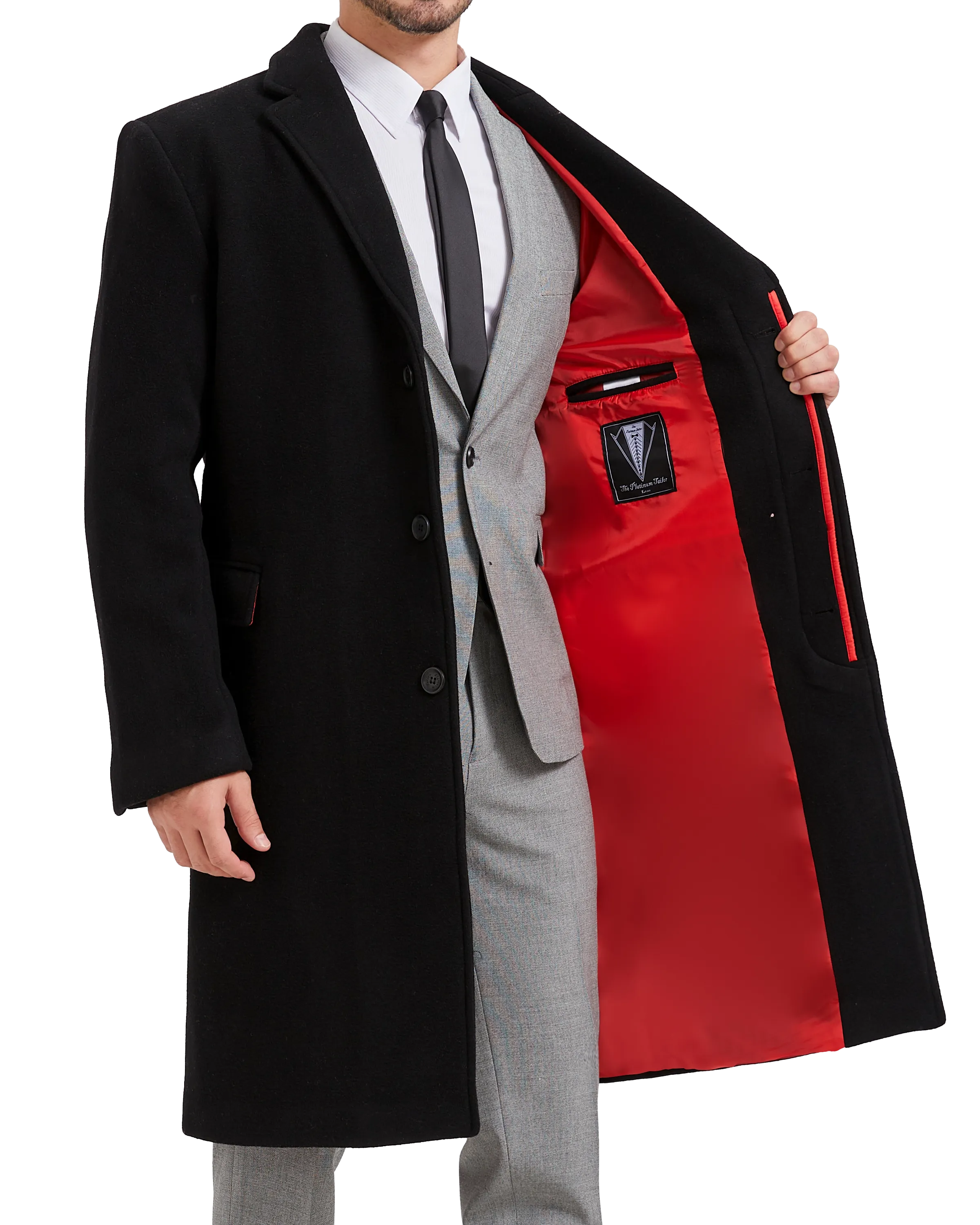 Black Wool Cashmere Bond Overcoat Red Lining