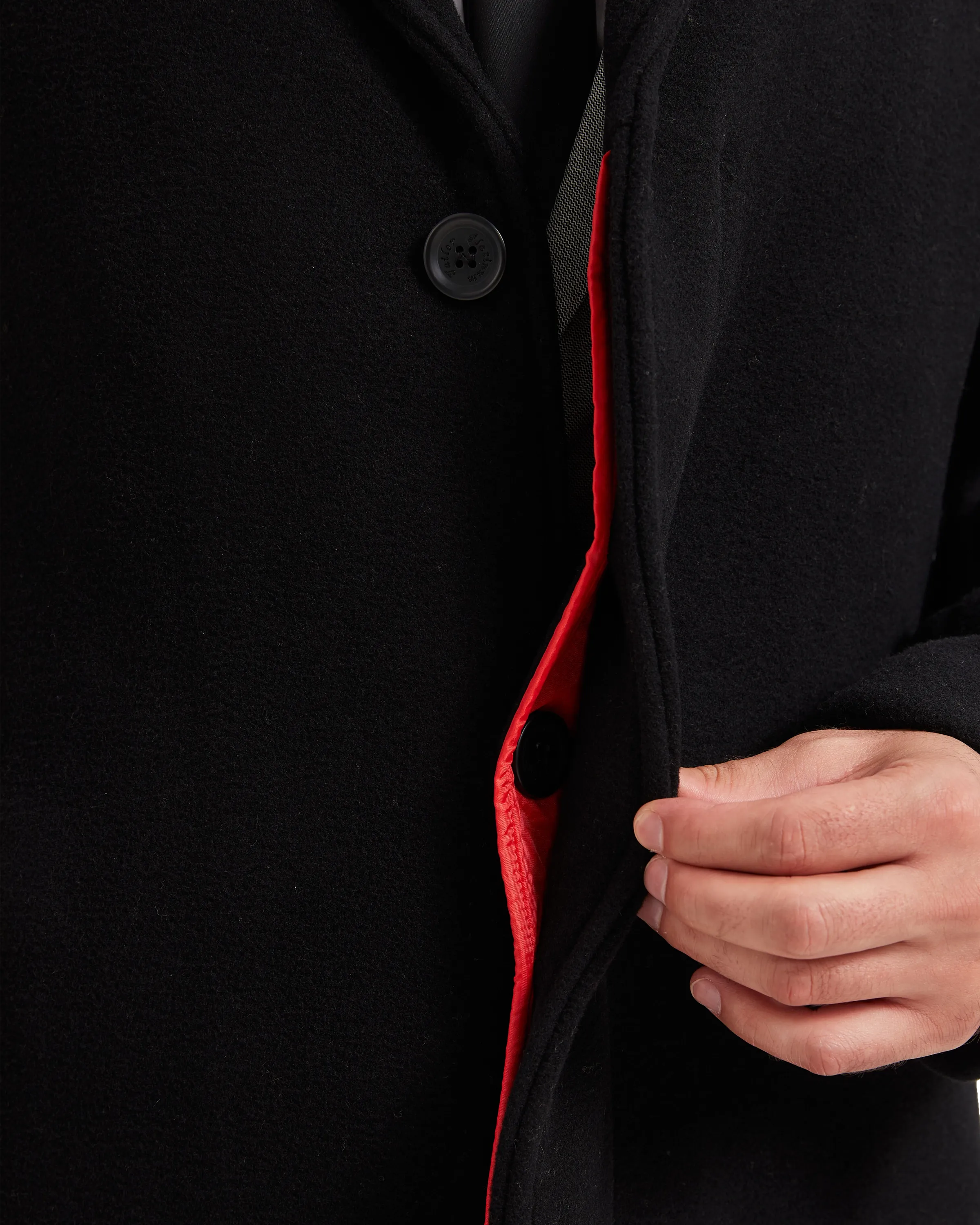 Black Wool Cashmere Bond Overcoat Red Lining