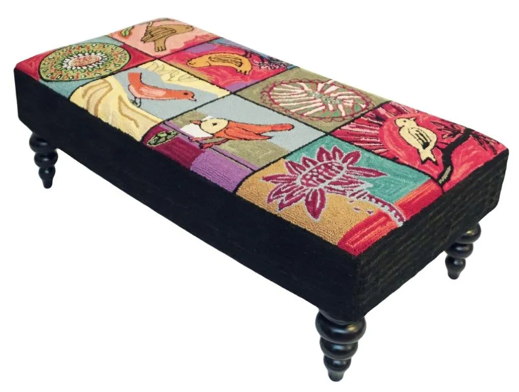 Blooming Birds Handcrafted Hooked Wool Footstool